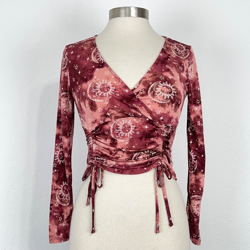 Witchy Celestial Whimsigoth Top Size XS Burgundy Mauve Ruched Sun Moon Stars